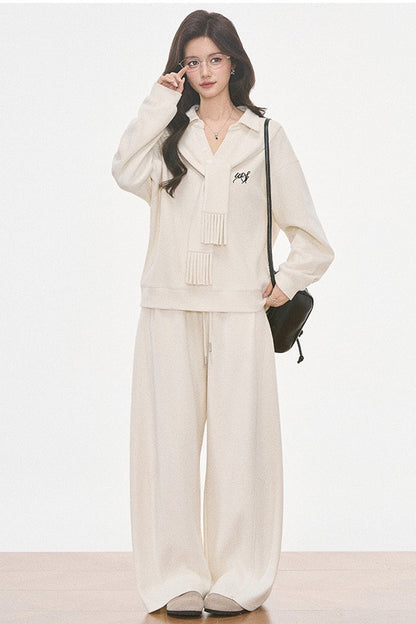 Knit Scarf Sweatshirt and Sweatpants Set-Up