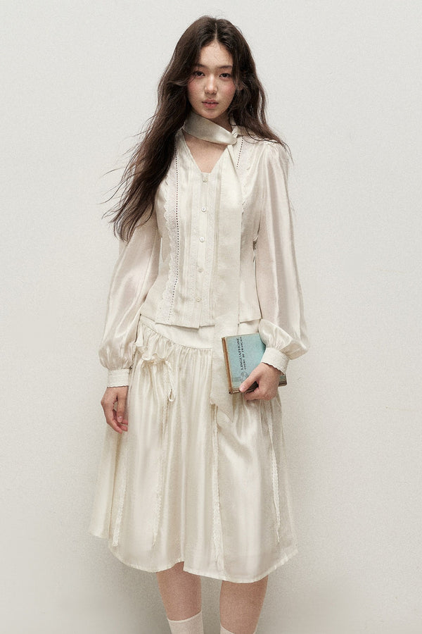 Lyocell V-Neck Shirt and Skirt Set-Up
