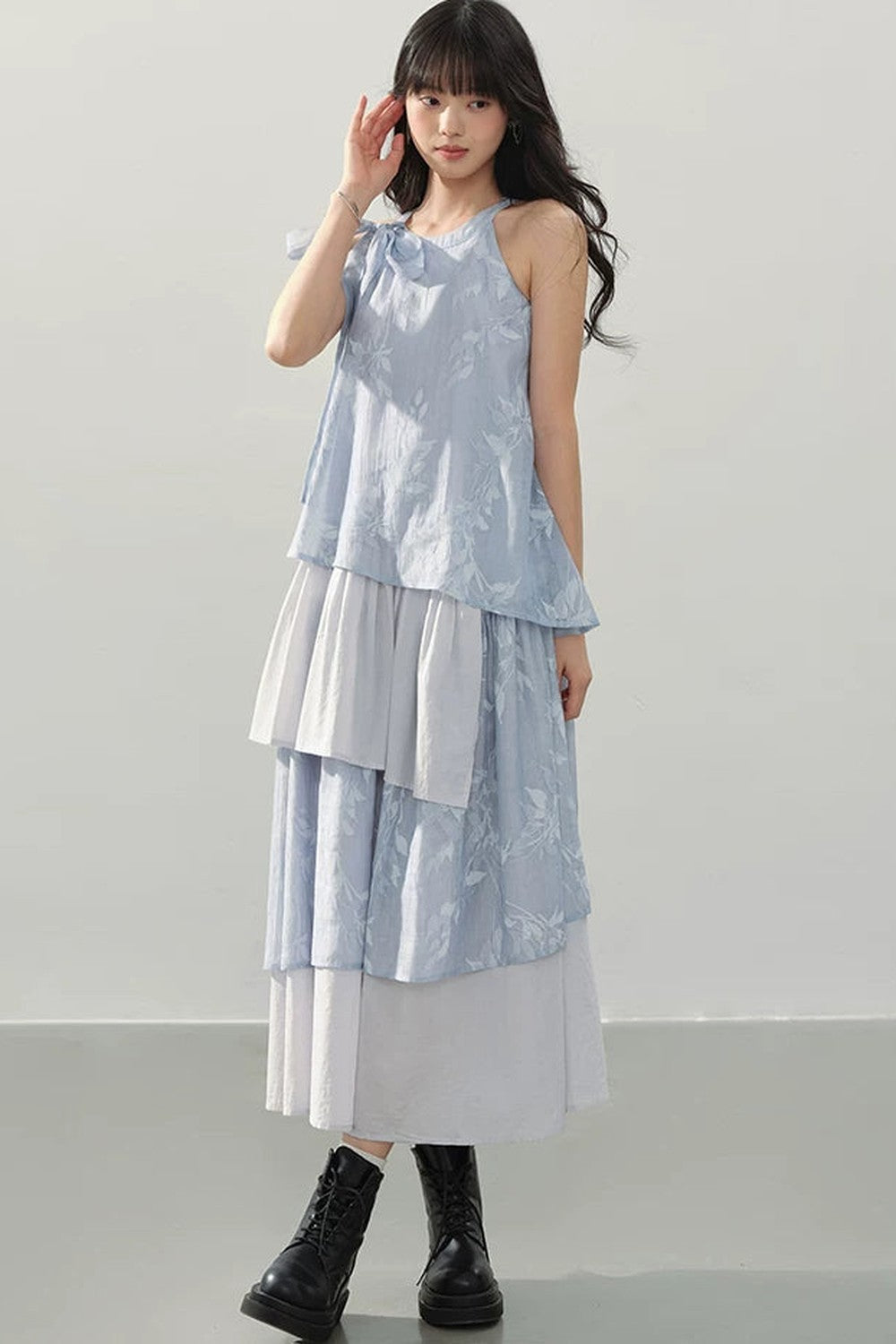 Blue Halter Print Tiered Dress