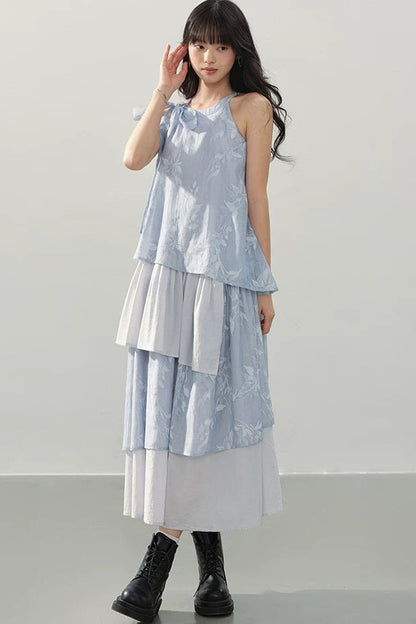 Blue Halter Print Tiered Dress