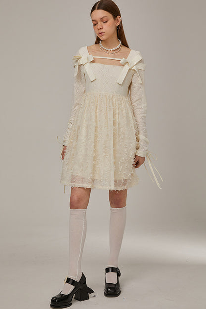 Beige Plaid Lace Bow Dress