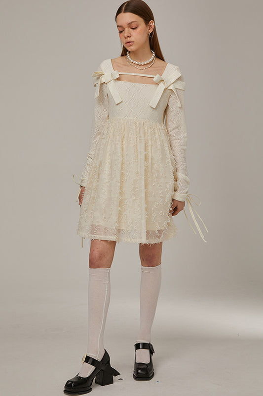 Beige Plaid Lace Bow Dress
