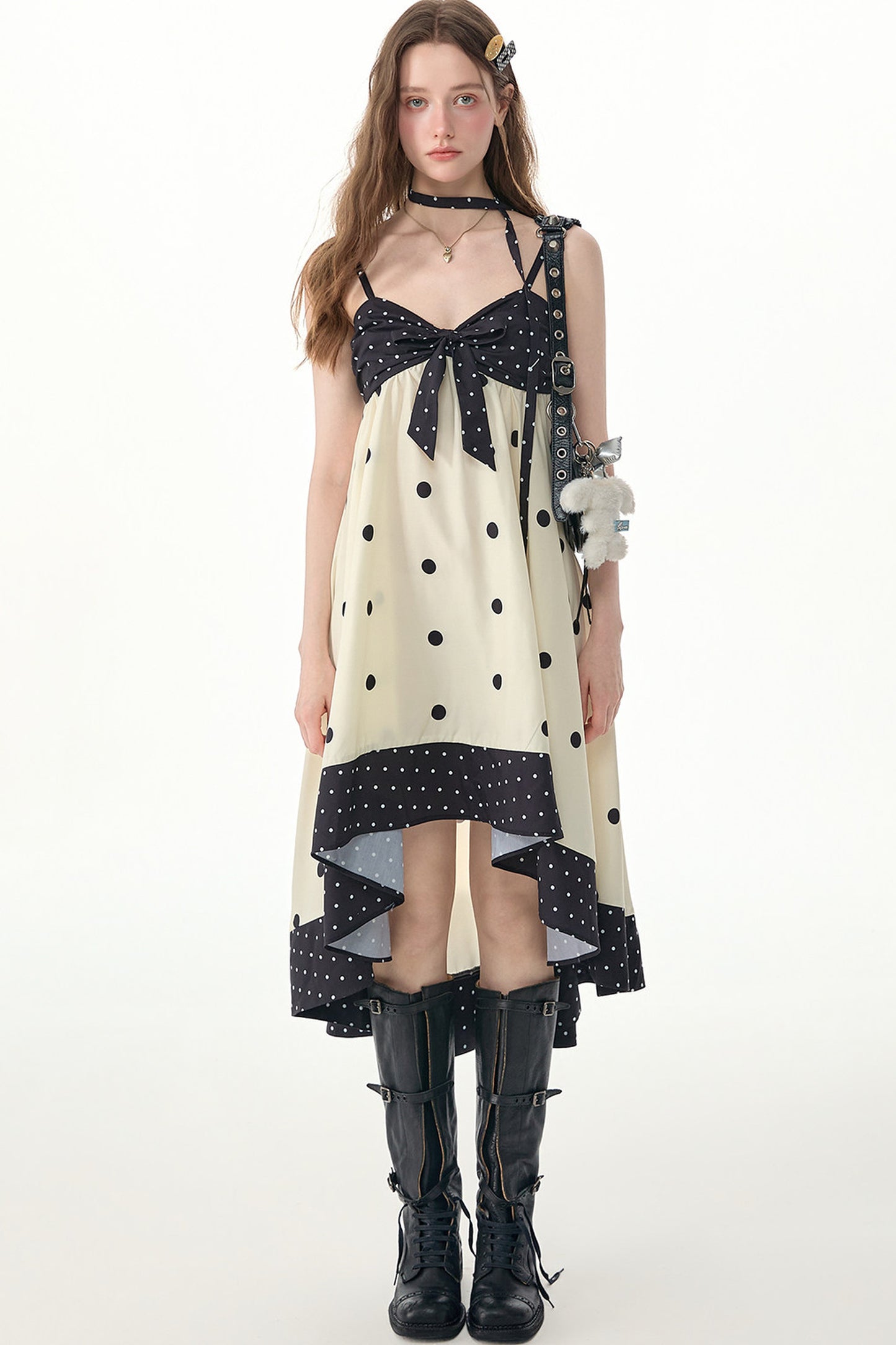 Black White Polka Dot Bow Suspender Dress
