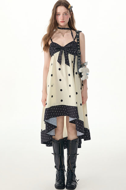 Black White Polka Dot Bow Suspender Dress
