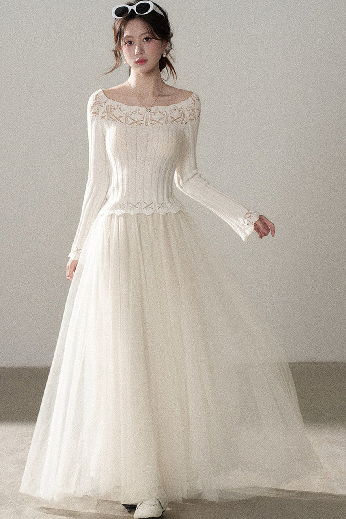 Off-Shoulder Lace Hollow-Out Knit Pullover