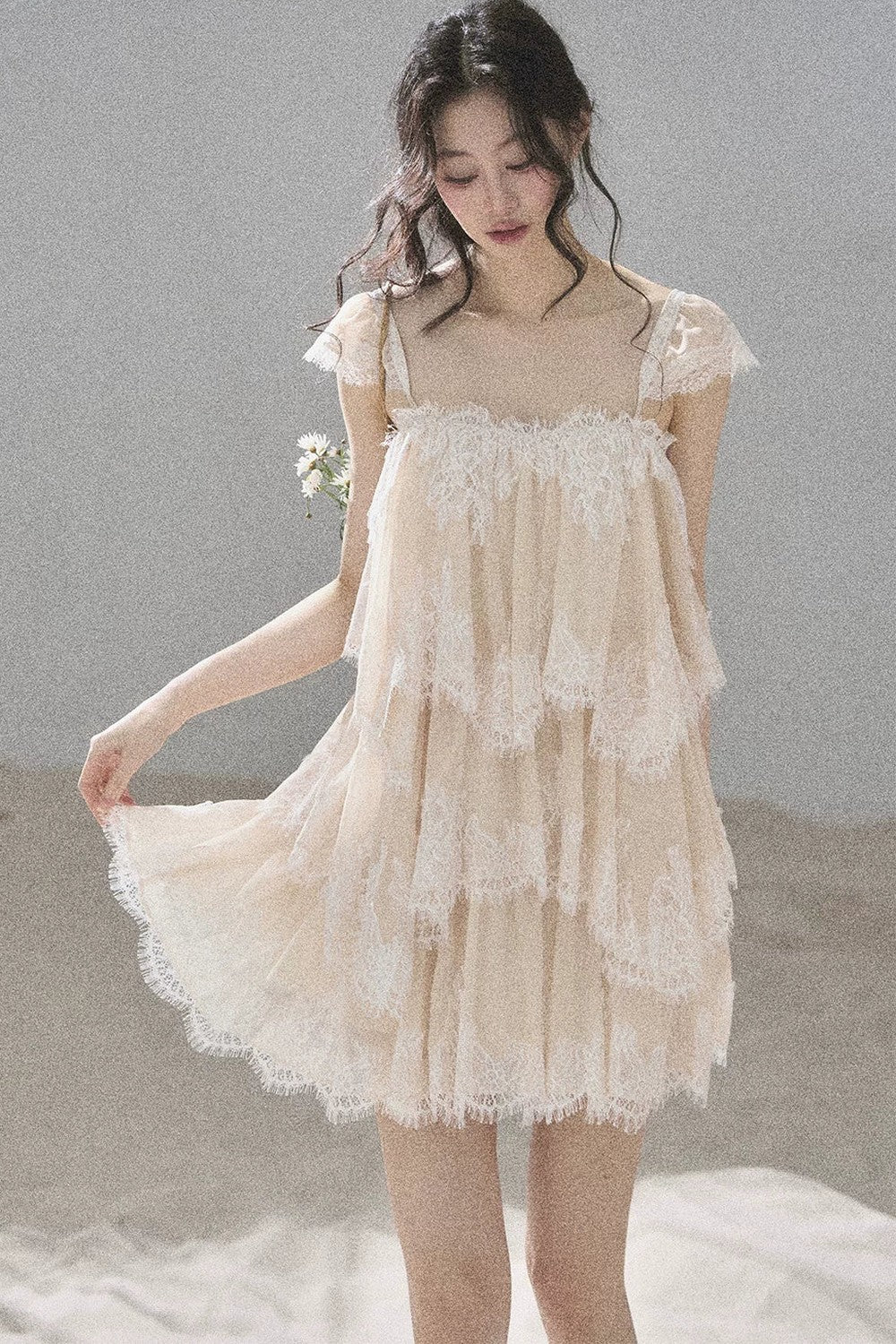 Asymmetric French Lace Mesh Top Set