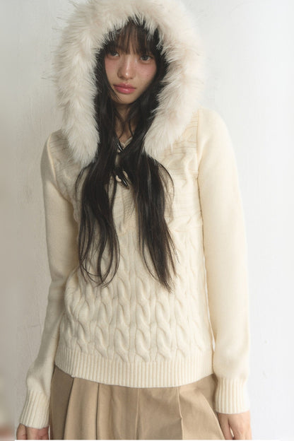 Large Fur Collar Toggle Hood Knit Top and Pants