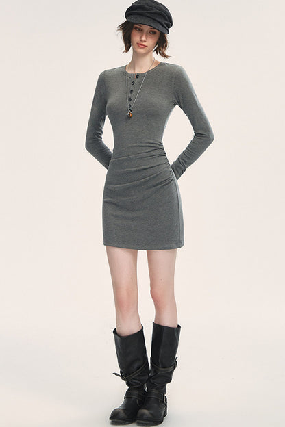 Grey Wool Blend Half-Button Bodycon Dress