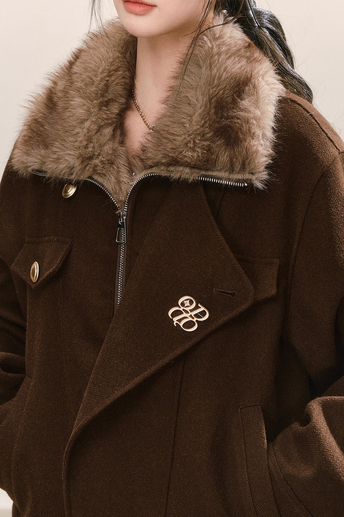 Maillard Fur Collar Woolen Jacket and Shorts Set-Up