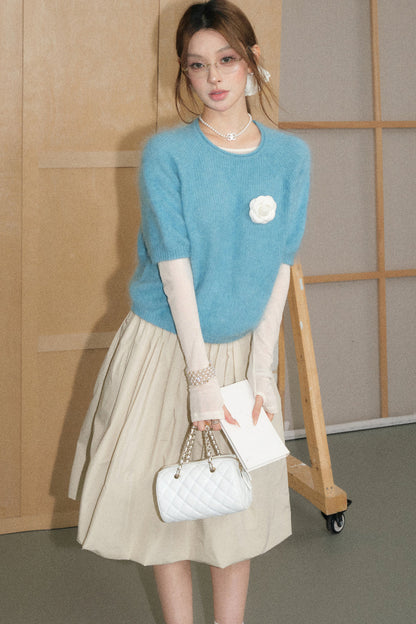 Mid-Sleeve Brushed Wool Pullover Top and A-Line Skirt Set-Up