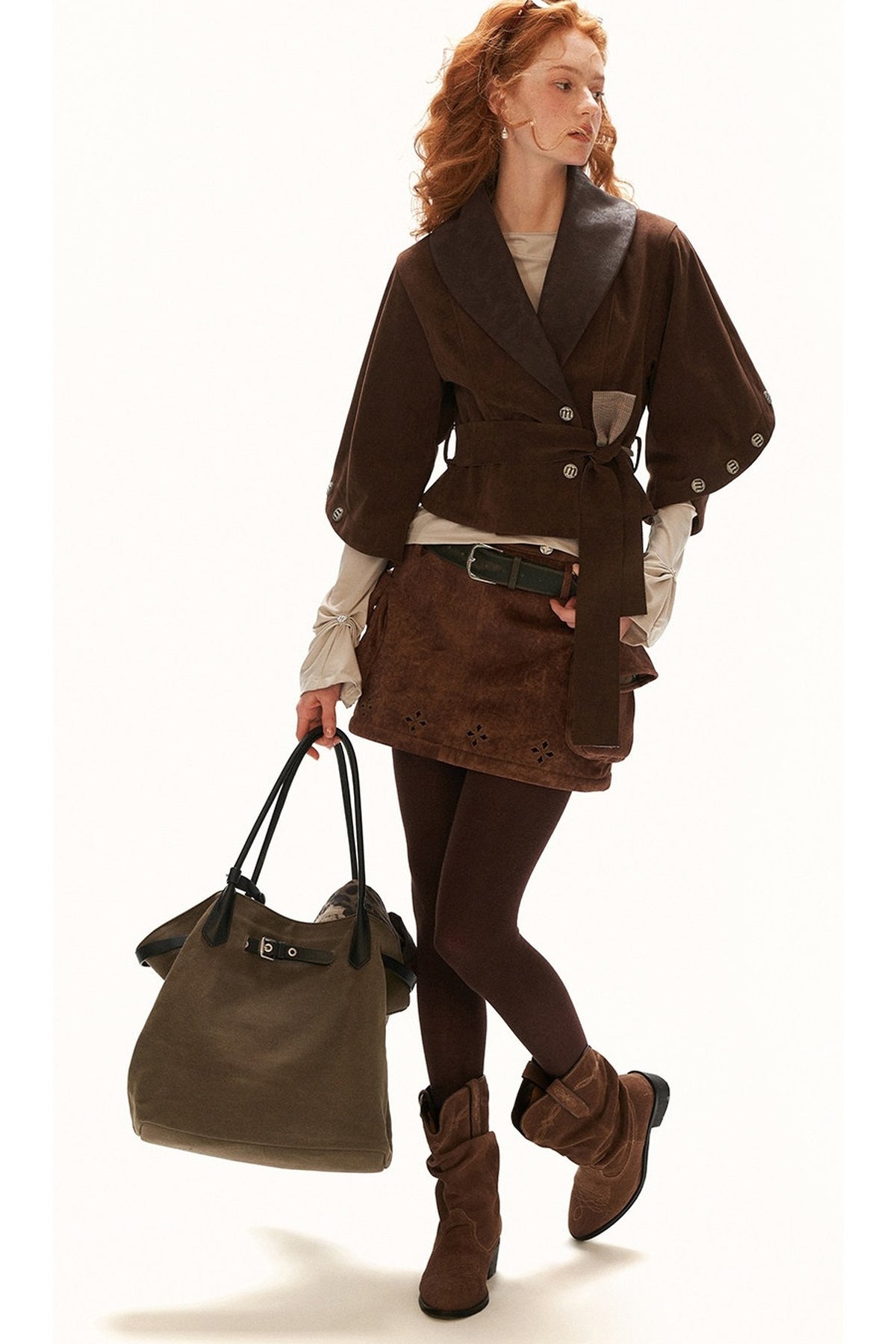 Plaid Suede-Like Leather Patchwork Cinched Waist Jacket