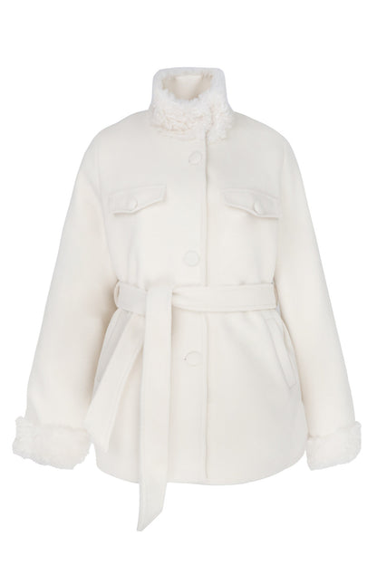 Woolen Fur Collar Tie-Up Jacket and Pants Set-Up