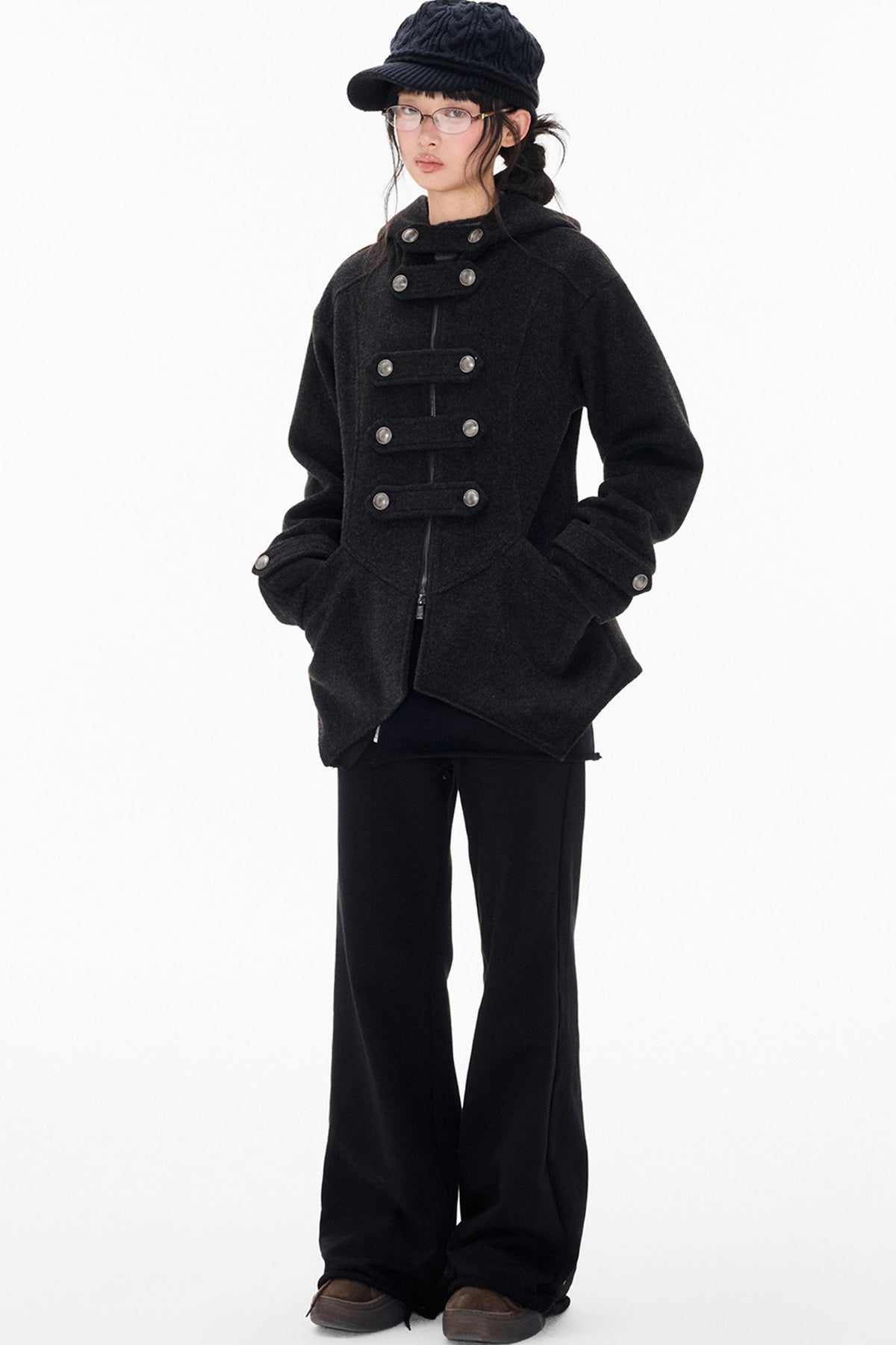 Woolen Hooded Irregular Hem Jacket