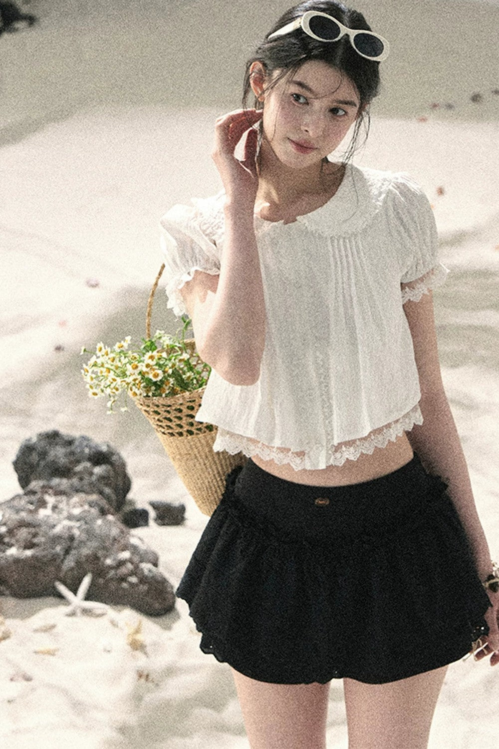 French Style Lace Puff Sleeve Blouse