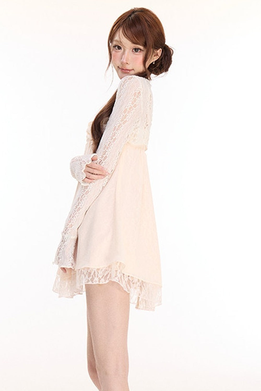 Spaghetti Strap Cross Knot Spliced Lace Dress and Cardigan Set-Up