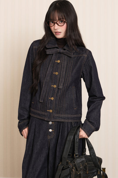 Washed Denim Lapel Tie Jacket