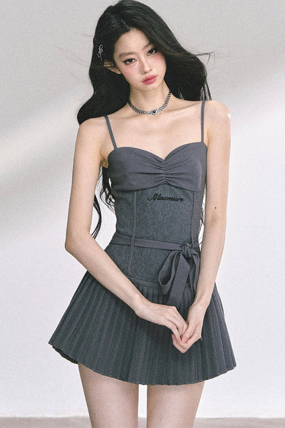 Gray Spaghetti Strap Puffy Dress