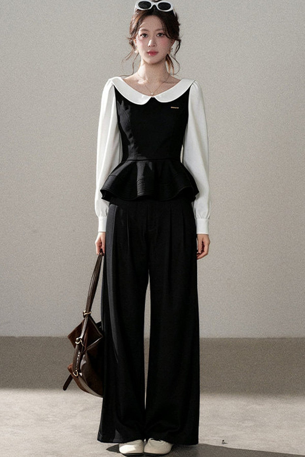 Doll Collar Shirt and Wide-Leg Pants Set-Up