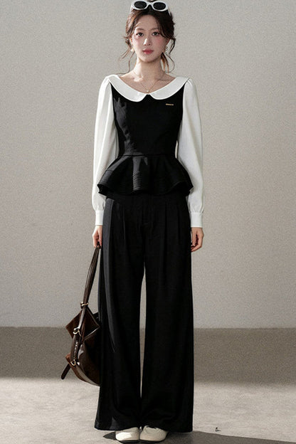 Doll Collar Shirt and Wide-Leg Pants Set-Up