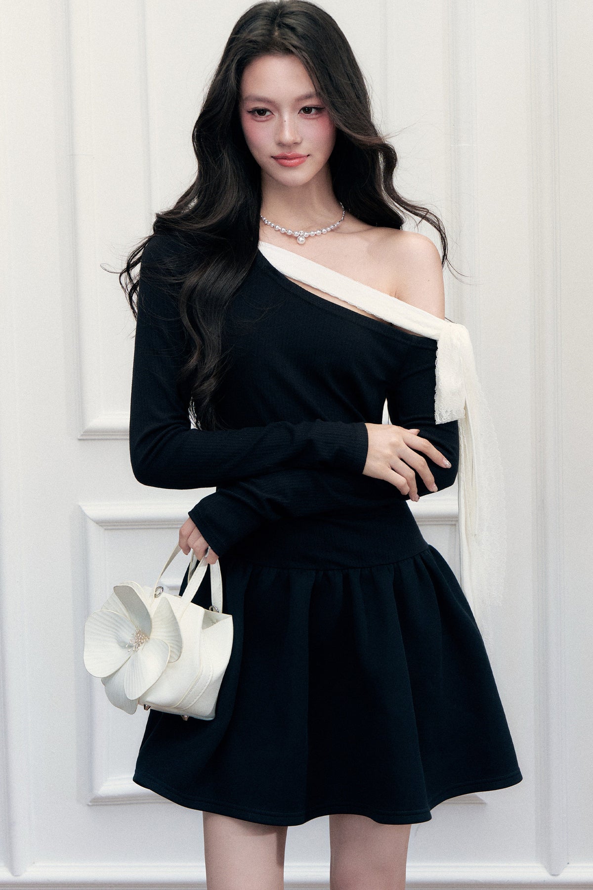 Asymmetrical One-Shoulder Tie Strap Black Dress