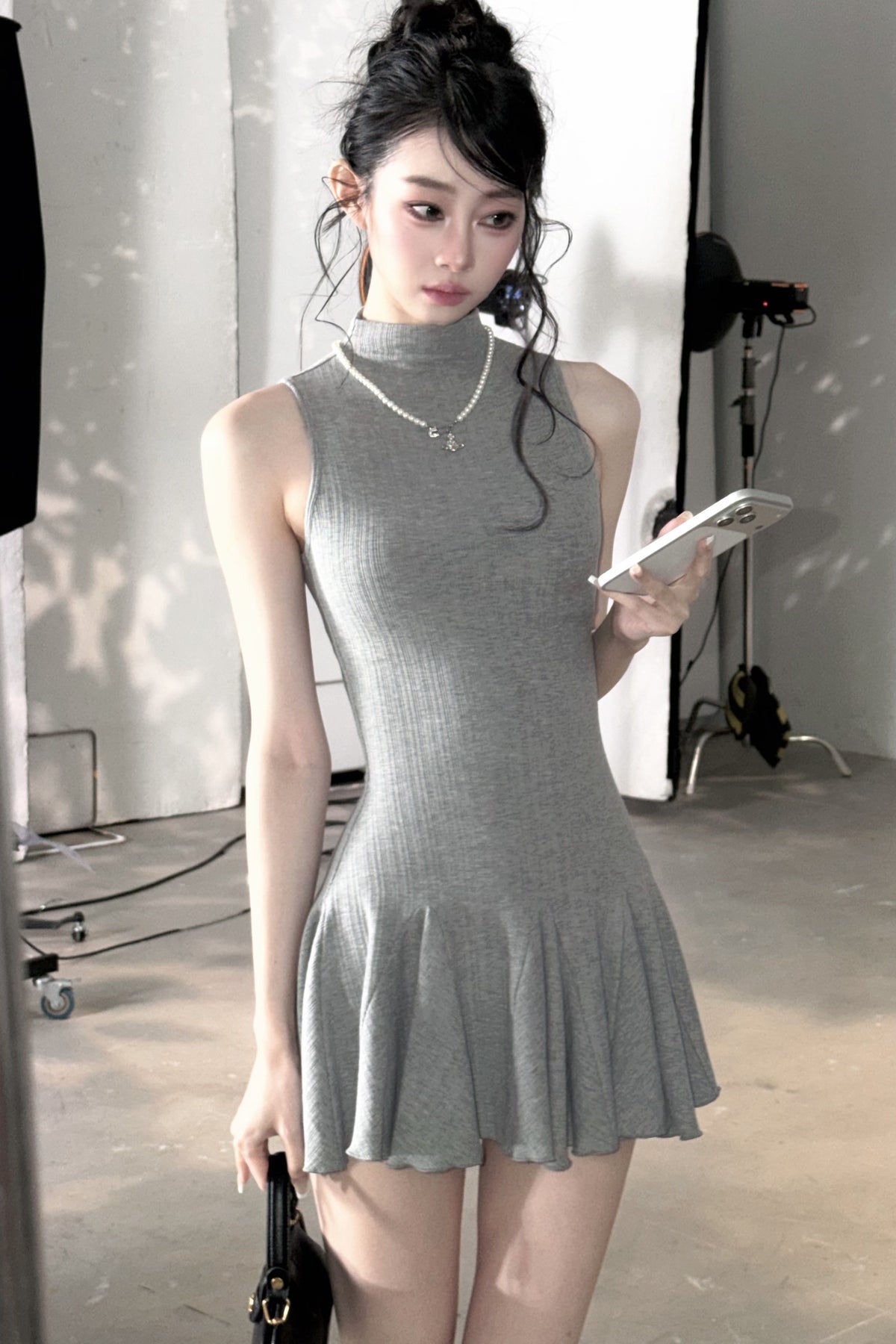 Vertical Striped Diamond Knit Cardigan and Ruffled Dress Set-Up