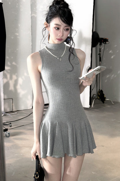Vertical Striped Diamond Knit Cardigan and Ruffled Dress Set-Up