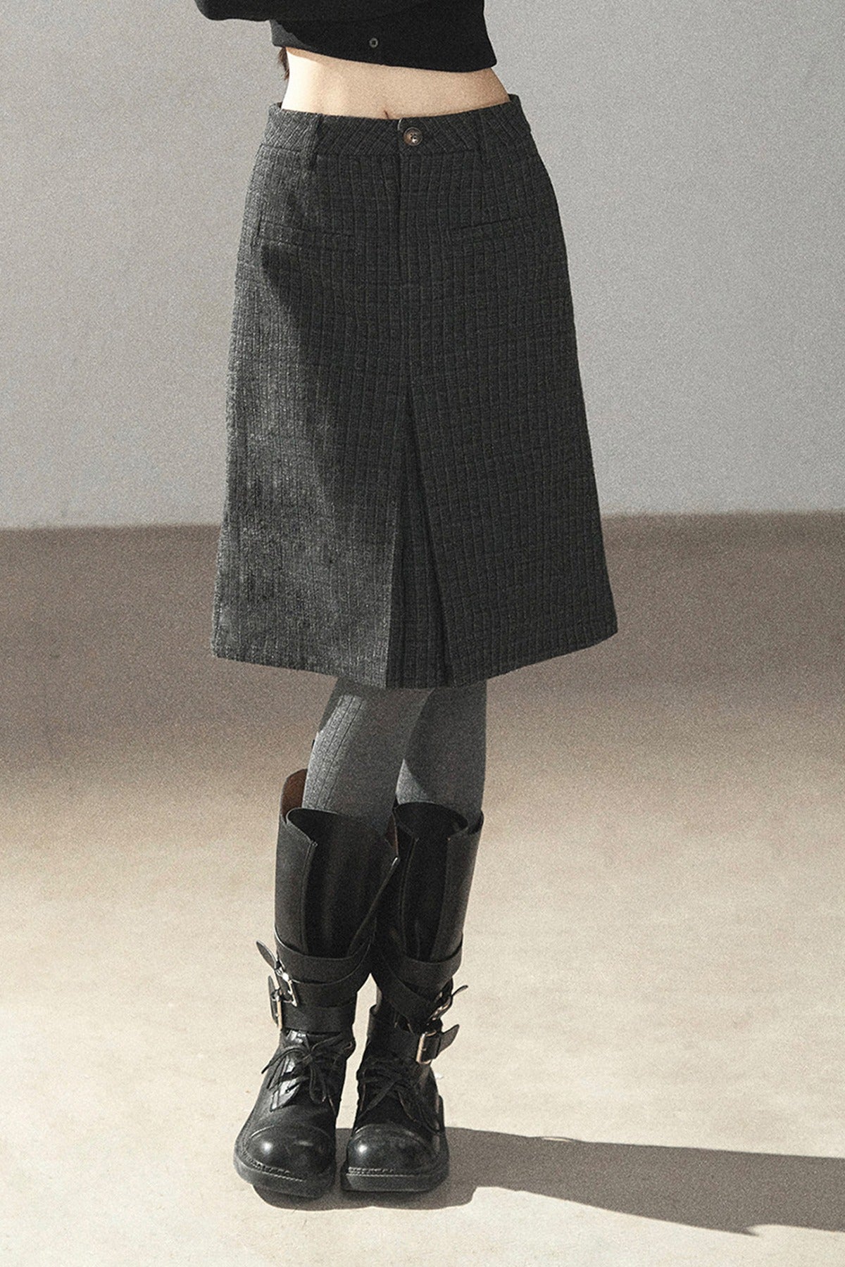 Plaid Wool Blend Slit Midi Skirt