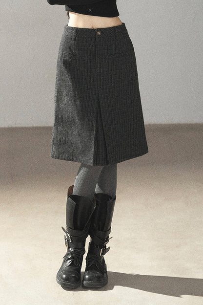 Plaid Wool Blend Slit Midi Skirt