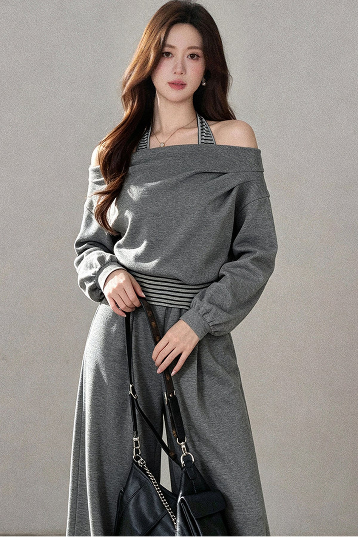One-Shoulder Striped Sweatshirt and Wide-Leg Pants Set-Up
