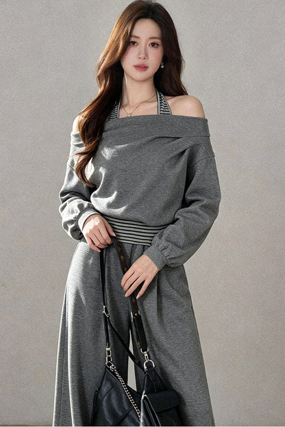 One-Shoulder Striped Sweatshirt and Wide-Leg Pants Set-Up
