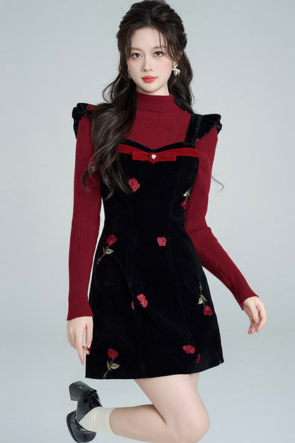 Rose Velvet Strap Dress Set-Up