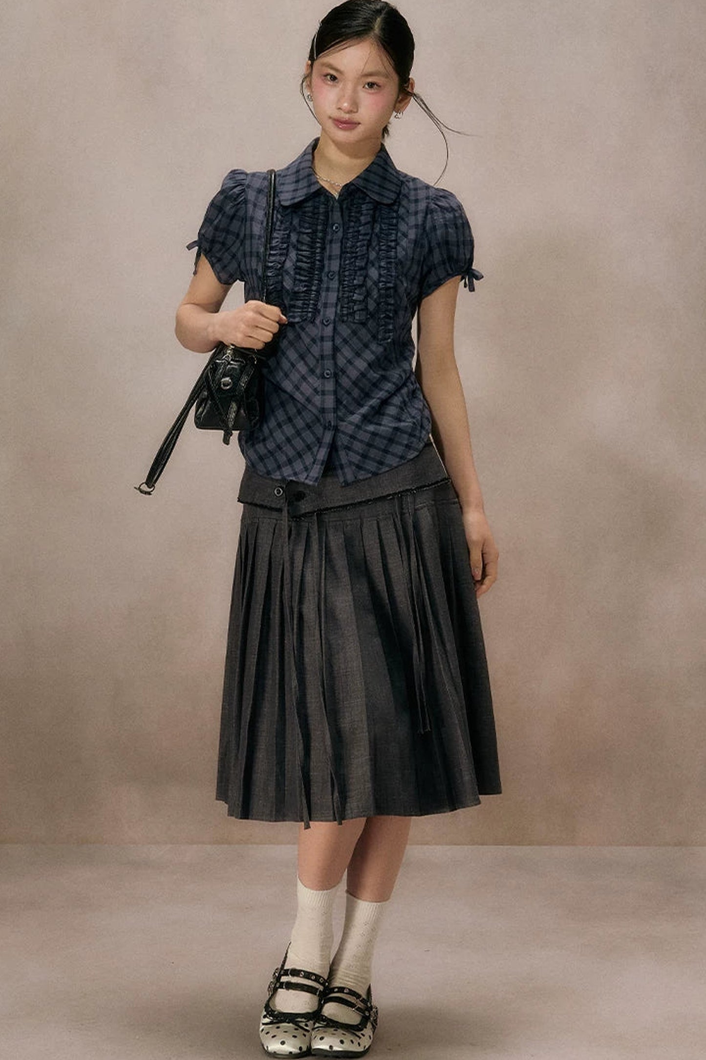 Navy Plaid Ruffled Short Sleeve Shirt