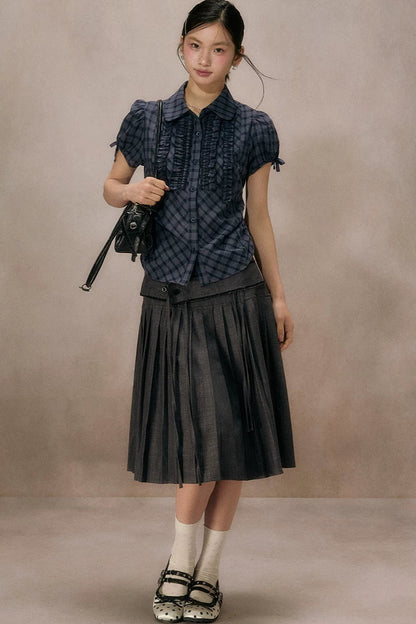 Navy Plaid Ruffled Short Sleeve Shirt