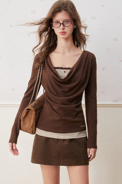 Striped Layered-Look Drape Neck Long-Sleeve T-Shirt