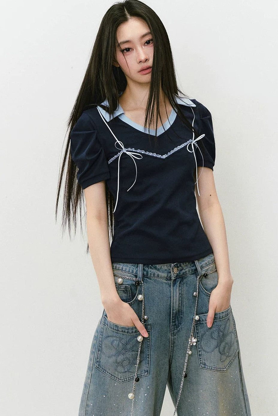 Color-Block Polo Bow Blouse
