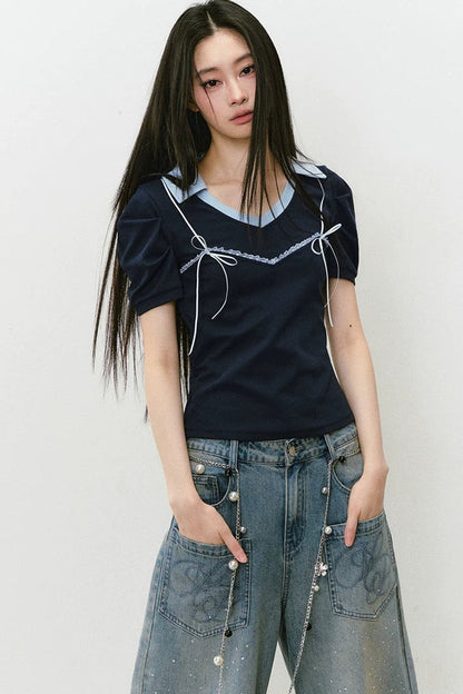Color-Block Polo Bow Blouse