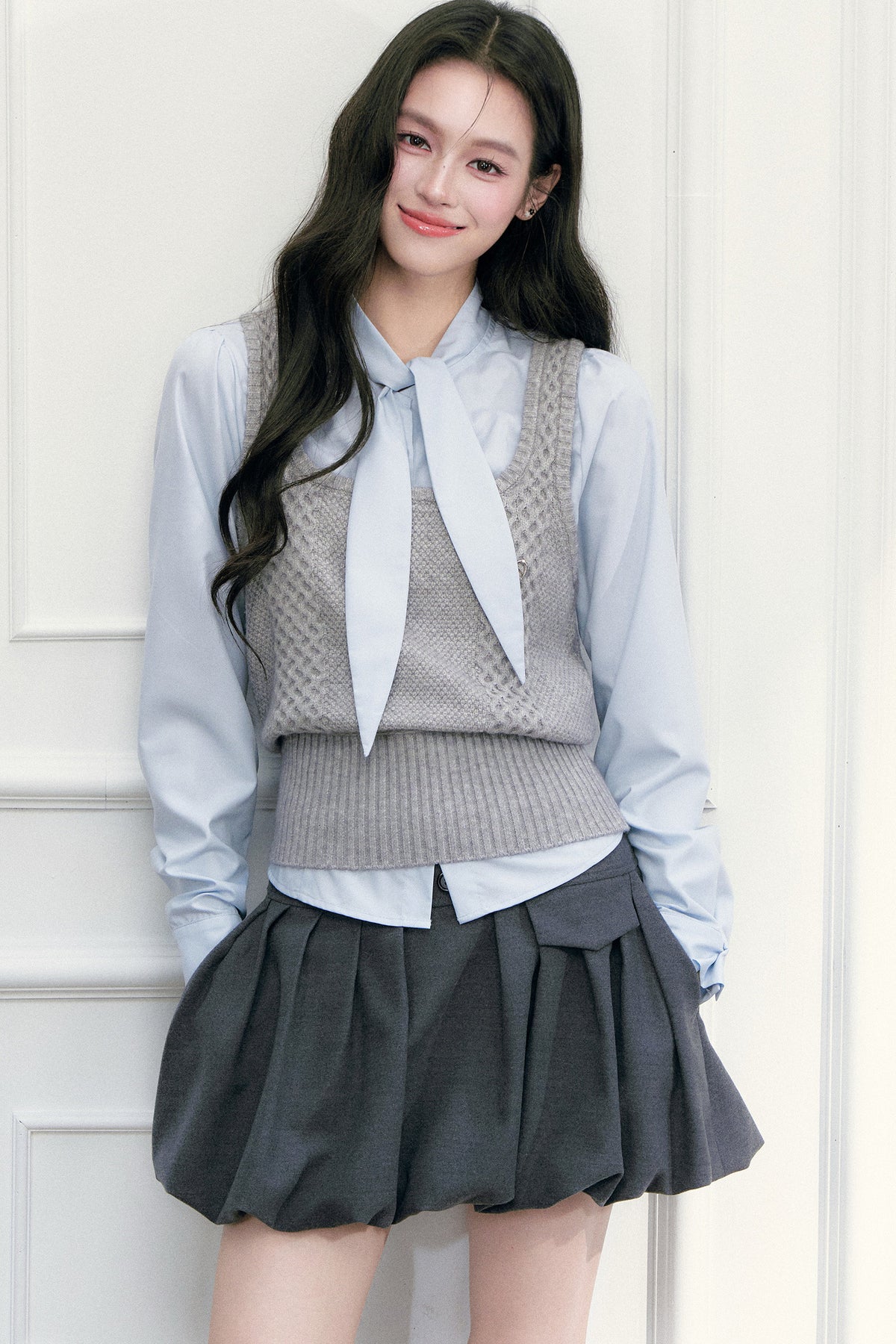Pleated Skirt Shirt Vest Set-Up