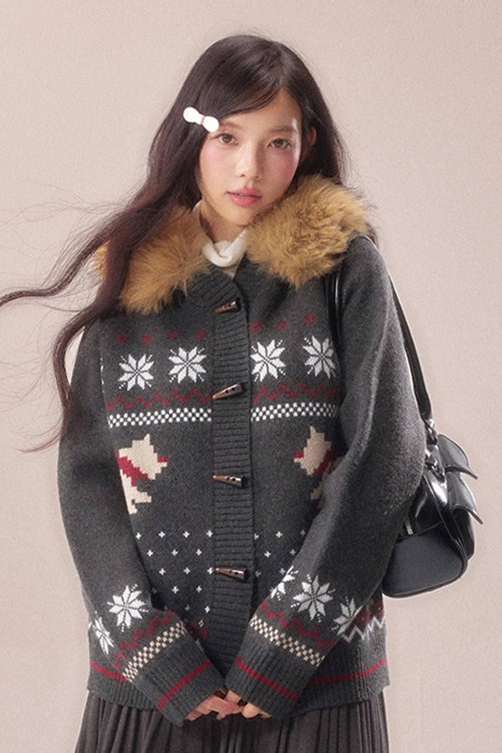 Cárdigan Fair Isle con cuello de pelo de perro