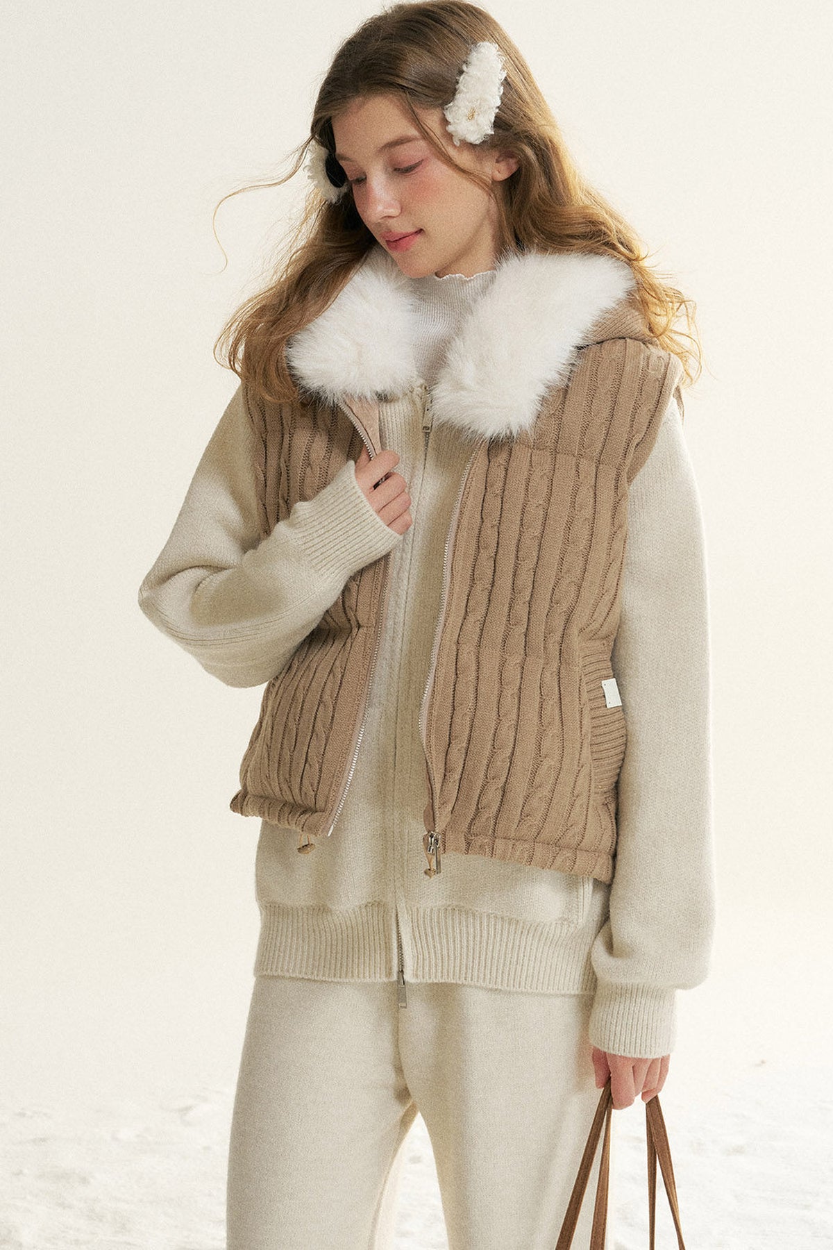 Detachable Fur Collar Hooded Jacket and Wide-Leg Pants Set-Up