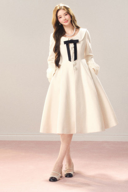 Flared Off-White Mid-Length Coat Dress