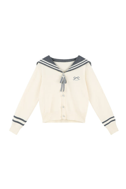 Bow Sailor Collar Knit Cardigan Set-Up