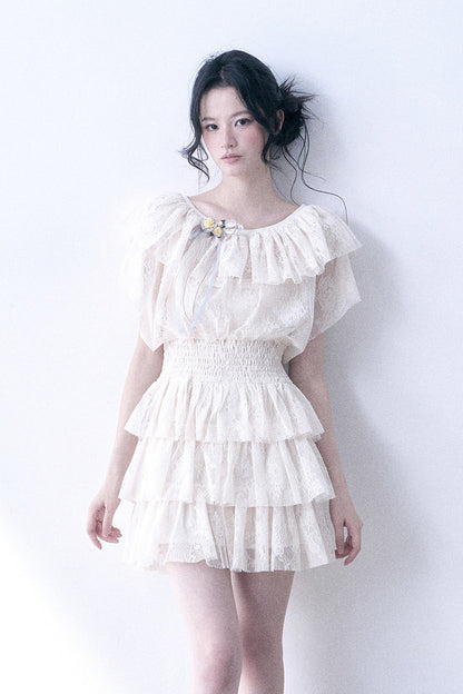 Layered Lace Ruffle Flutter Sleeve Tiered Dress