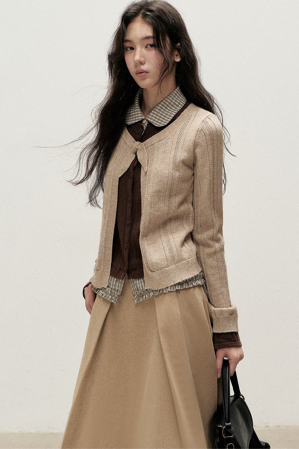 Plaid Collar Layered-Look Knit Top