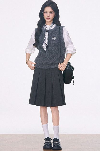 Knitted Vest Shirt and Skirt 3-Piece Set-Up