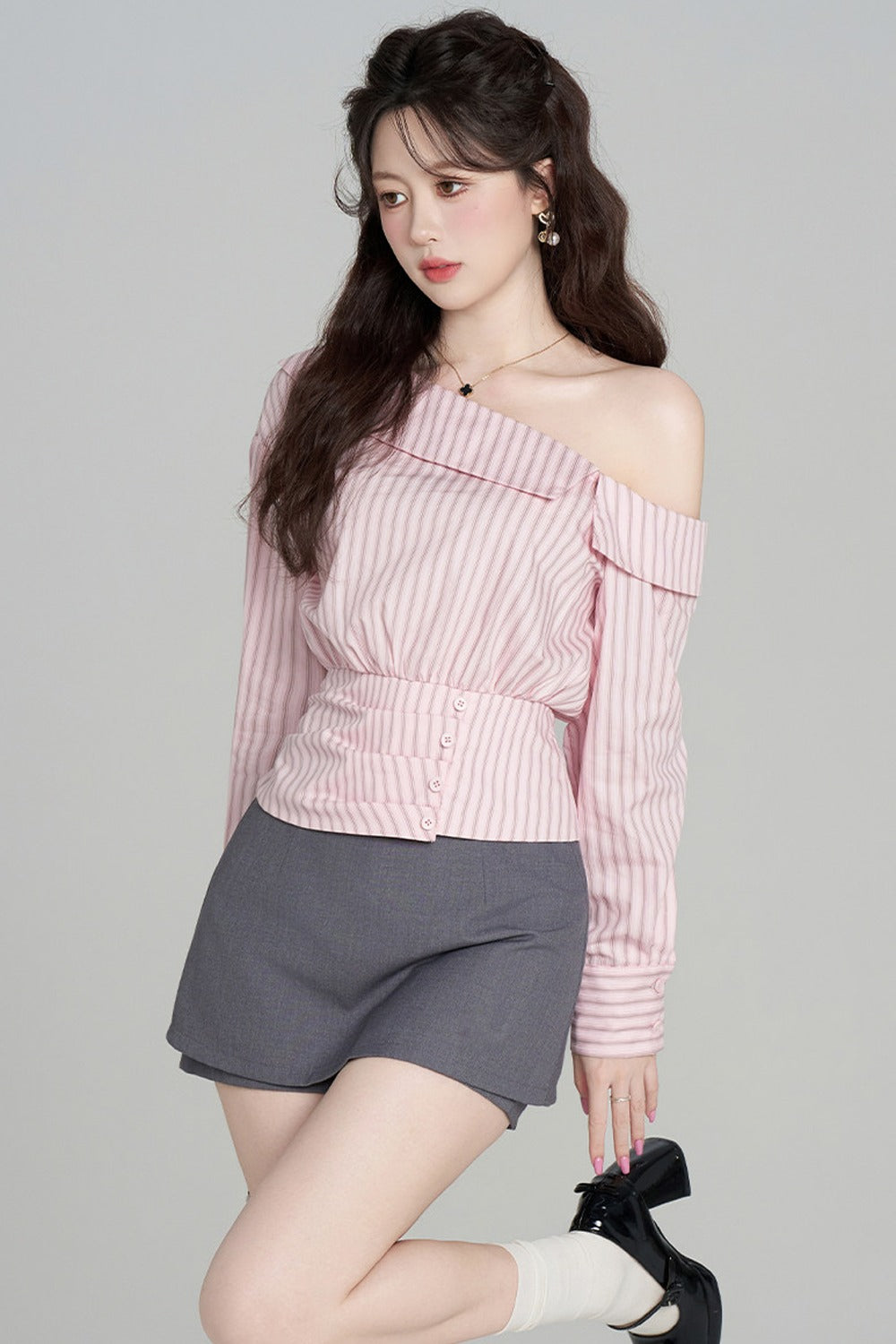 Pink Striped Off-Shoulder Long-Sleeve Shirt and Skirt Set-Up