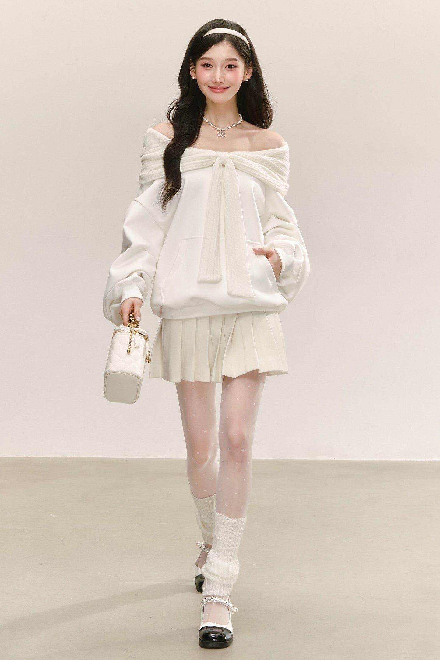 White Knitted Patchwork Hooded Sweatshirt Set-Up