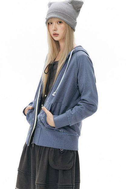 Distressed Floral Print Hooded Open Front Jacket