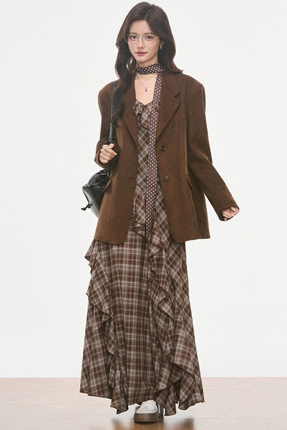 Petite Suede Blazer and Plaid Dress Set-Up