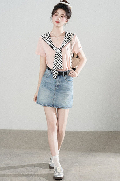 Loose Short-Sleeved Striped Shawl T-Shirt and Denim Skirt Set-Up