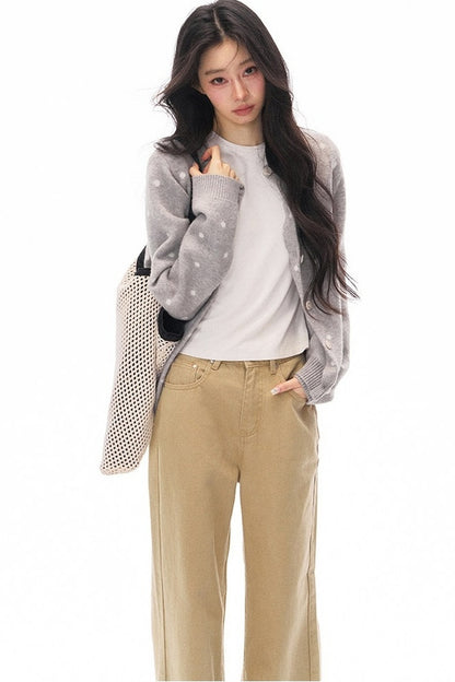 Gray Cardigan and Khaki Flared Jeans Set-Up